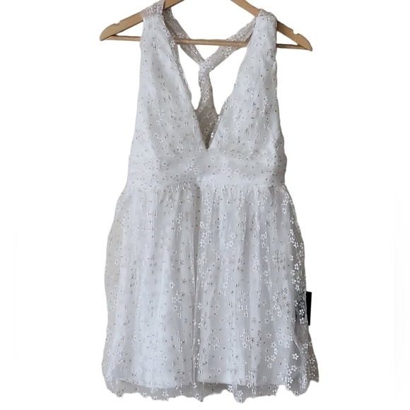 Lulus Ailey Ivory Twist Back Skater Metallic Tulle Mini Dress Size Medium - Picture 2 of 12